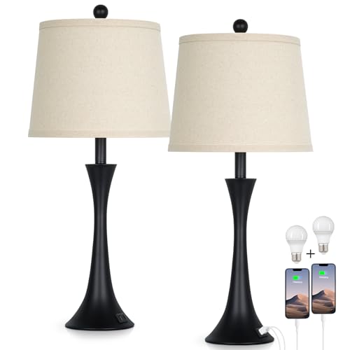 Black 27.5" Modern Touch Table Lamps Set of 2 with USB-C+A Ports, Dimmable Nightstand Lamps, Bulbs Included