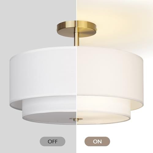 CALOKES 16" Gold Dual Drum Semi-Flush Ceiling Light with White Fabric Shade