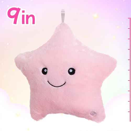 WEWILL 9'' LED Twinkle Star Soft Plush Pillow Toys Glowing Stuffed Star Light up Pillow Plush with Colorful Night Lights Birthday for Toddler Kids(Pink)