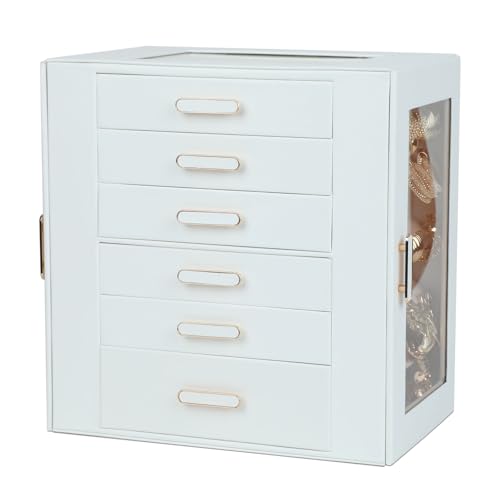 BOOVO White 6-Layer Jewelry Organizer Box with Clear Lid, Large Storage
