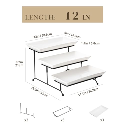 MALACASA 3-Tier Serving Tray Stand, White Porcelain Platters, 12 Inch