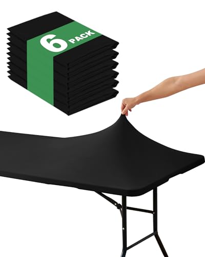 KeyWave 6 Pack Black Fitted Elastic Rectangle Tablecloth 6ft for Dining & Events