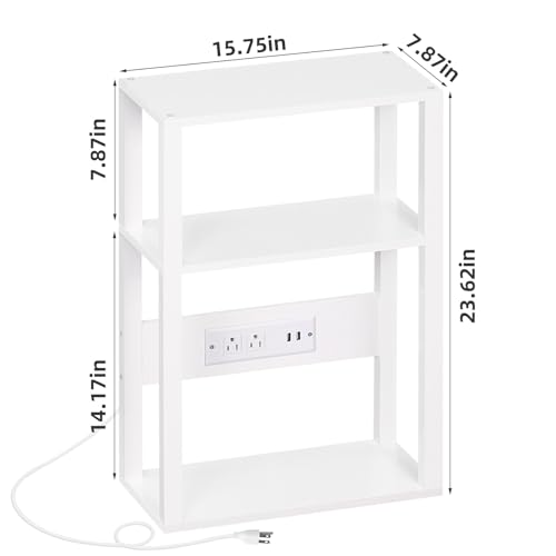 YUFAM White 3-Tier Narrow Bedside Table with Charging Station - Small Nightstand