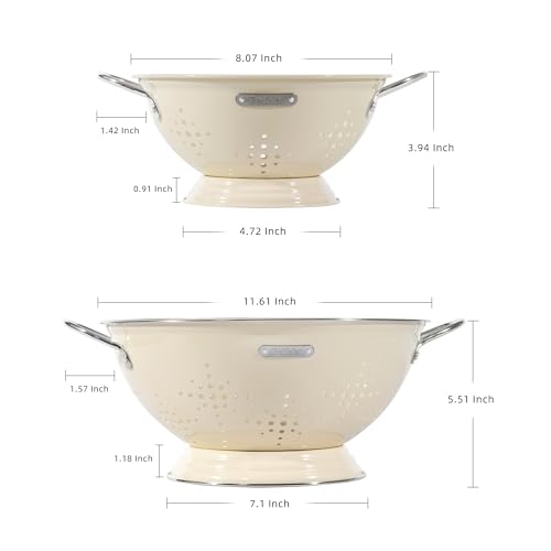 BeFare Almond Cream Metal Colander Set with Handles - 2Qt & 6Qt Heavy Duty Kitchen Strainers