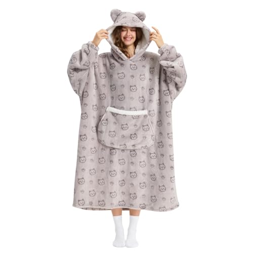 Silver Cat Wearable Blanket Hoodie for Women Men Oversized Sherpa Fleece