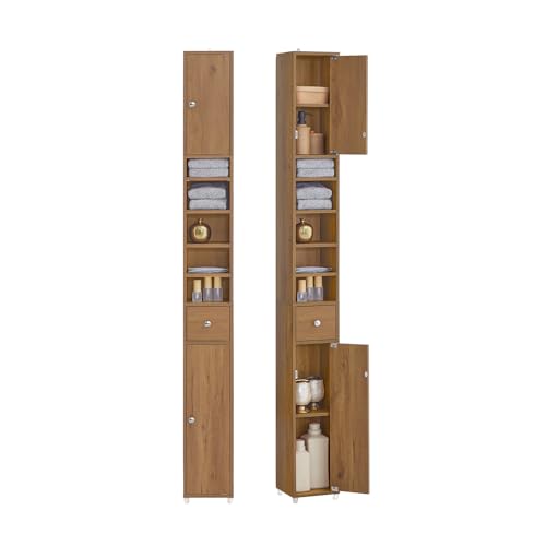 Natural Narrow Bathroom Storage Cabinet with Adjustable Shelves - Tall Floor Unit