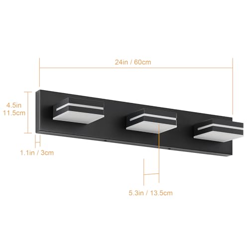 3-Light LED Bathroom Vanity Light Fixture - Black & White Acrylic Wall Sconce, 24-Inch