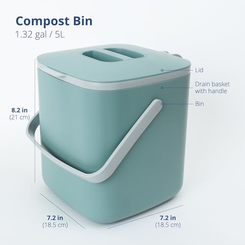 Kitchen Compost Bin 1.32 Gal / 5L with Lid & Handles - Green, Modern Design