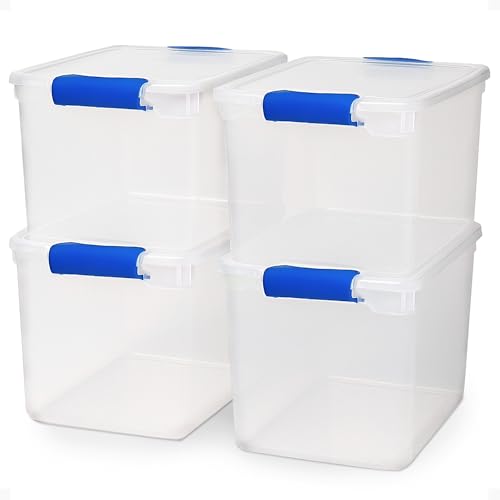 Blue Plastic Storage Bins with Locking Lids - 31 Qt, 4 Pack