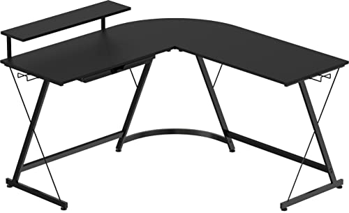 SHW Black 51x51 L-Shaped Corner Desk with Monitor Stand & Drawer