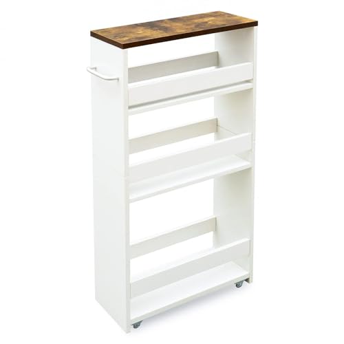 White TEAMIX Slim 4-Tier Rolling Storage Cart for Narrow Spaces, Kitchen & Laundry