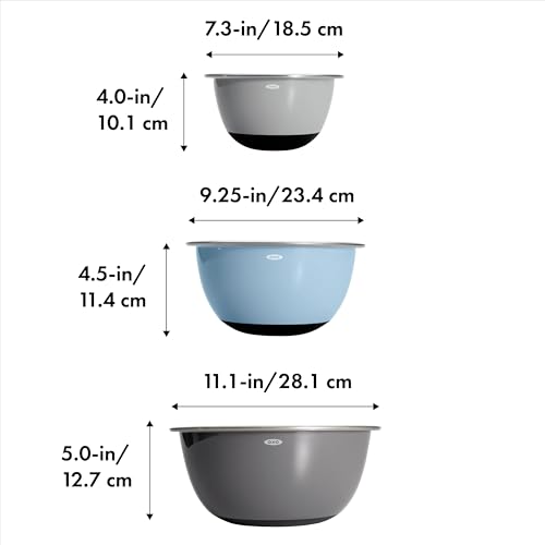 OXO Good Grips 3-Piece Stainless Steel Mixing Bowls Set - Blue & Gray, Nesting & Dishwasher Safe