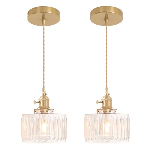 Shenmoyl Pendant Light 2 Pack with Clear Striped Glass Lmapshade,