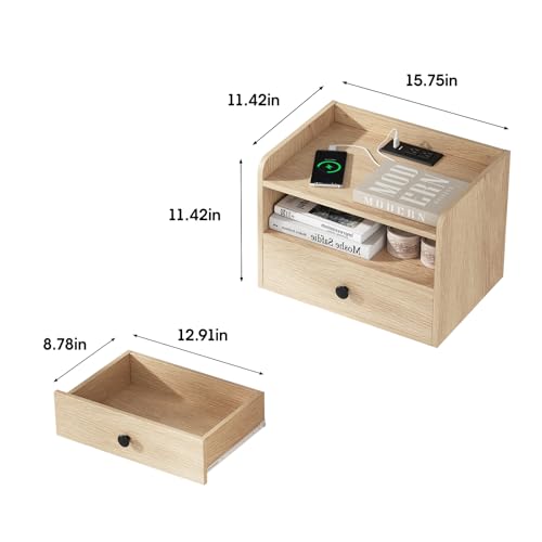 HOSEOKA Natural Floating Nightstand Set of 2 with Drawer & USB Ports