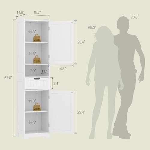 67-Inch Tall Slim Bathroom Storage Cabinet with Adjustable Shelves - White Variation
