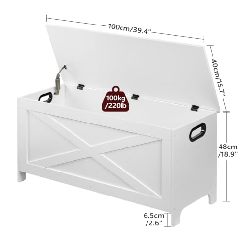 White Storage Chest Bench 39.4"L x 15.7"W x 18.9"H with Safety Hinges