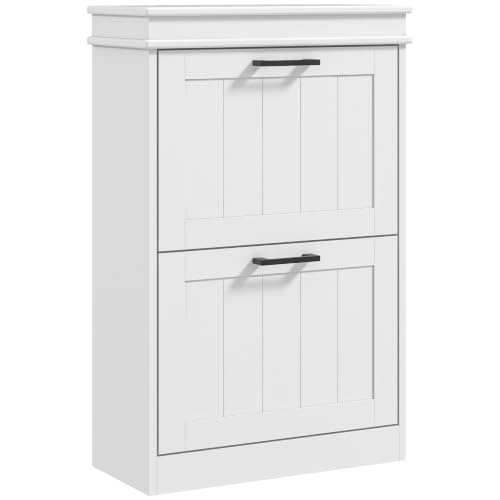 HOMCOM Narrow White Shoe Cabinet with 2 Flip Drawers - Entryway Storage