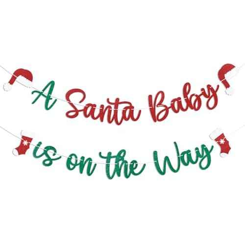 Santa Baby is on the Way Banner - Christmas Baby Shower Decorations, Winter New Year Birthday Party Decorations, Red & Green Glitter