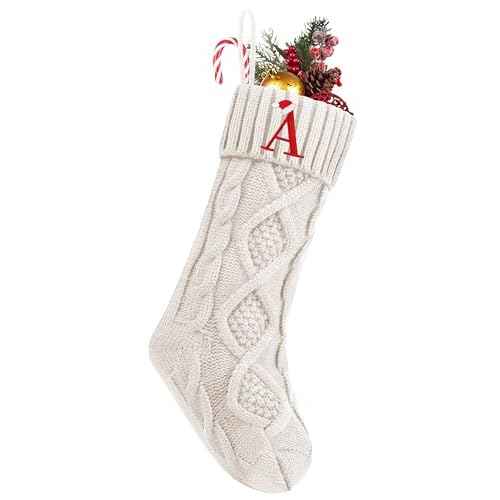 Personalized Christmas Stockings with Initials, 18 Inches Large Embroidered Monogrammed Cable Knit Christmas Stocking for Family, Xmas Holiday Party Gifts & Decoration for Fireplace(White,Letter A)