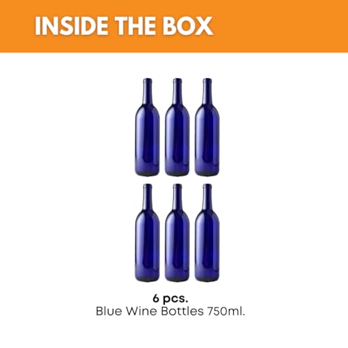 FastRack 750 ml Blue Wine Bottles (Pack of 6), Bordeaux/Flint Flat-Bottomed Glass Bottles Ideal for Wine Making and Storage - NO CORKS INCLUDED