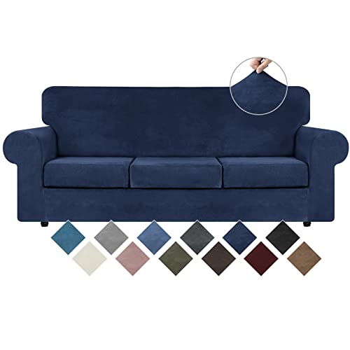 WEERRW Large Navy Blue Velvet Couch Cover 4 Pieces for 3-Cushion Sofas
