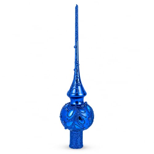 Blue Glass Christmas Tree Topper with Hand-Painted Jewels - 11 Inches