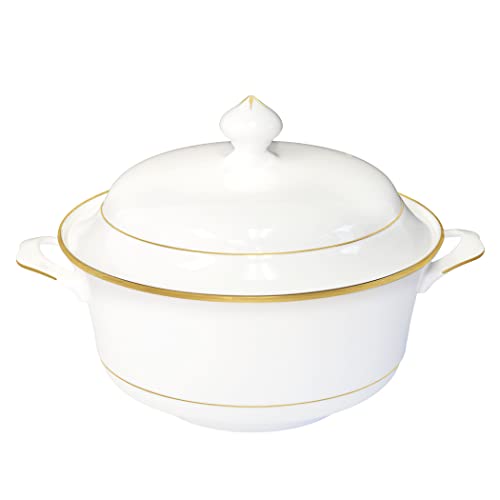 Bone China Soup Tureen Set with Lid, Gold Rim, 2.97QT, Elegant White Serving Bowl