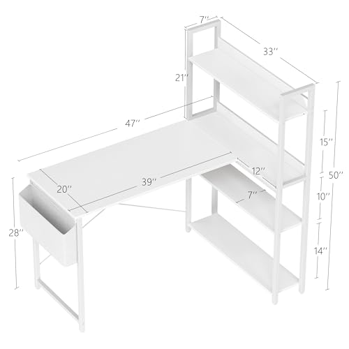Treesland 47-Inch White Corner Computer Desk with Bookshelf & Storage