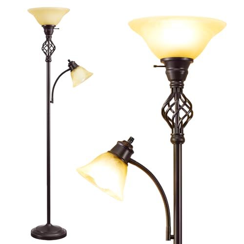GyroVu Torchiere Floor Lamp for Living Room - Red Brown & Yellow Frosted Glass Shade