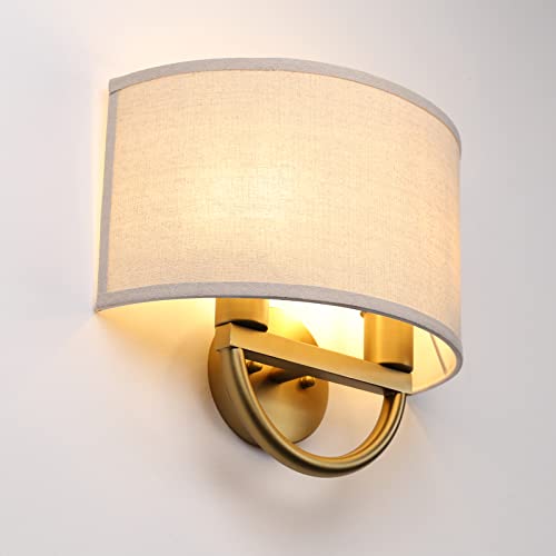 Brass Industrial Wall Sconce Fixtures with Linen Fabric Shade - Double Arm Vintage Lighting for Hallway Bedroom Living Room
