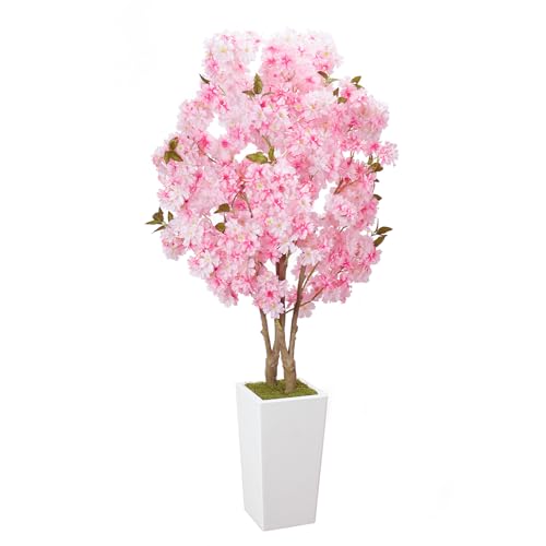 5FT Pink Artificial Cherry Blossom Tree with White Planter - Easy Setup Indoor Decor