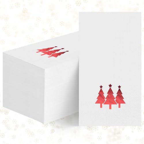 Horaldaily 100Pcs Christmas Napkins Red Foil Trees 4.3x7.9in (Folded) White/Red