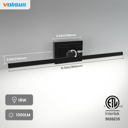 VOLISUN 31.5 Inch Black Dimmable Bathroom Vanity Light with Rotatable Head, 5 CCT LED Fixture for Mirror & Mirror Cabinets