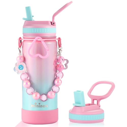Kids Water Bottle with Beaded Handle - Sparkle Guava, 16 oz Insulated Stainless Steel with Leakproof Straw Lid