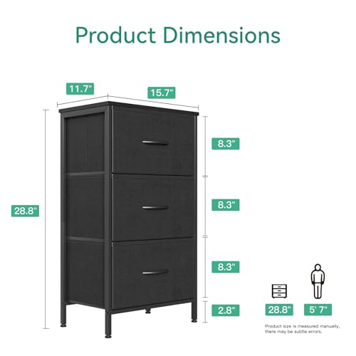 AODK Small Black Dresser with 3 Spacious Drawers for Bedroom & Nightstand