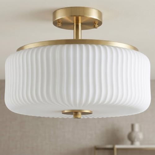 Gold & White Semi Flush Ceiling Light - 3 Light Schoolhouse Fixture with Ribbed Milk Glass Shade - Close to Ceiling Mount for Bedroom & Kitchen - Variation: Gold/White Semi