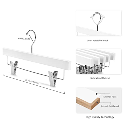 White 14-Inch Wooden Pants & Skirt Hangers with Non-Slip Clips - Pack of 20