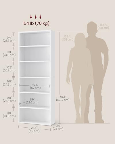 VASAGLE 6-Tier Open Bookshelf - 23.6 Inches Wide, Cloud White, Adjustable Shelves, Floor Standing Storage Unit (1 Pack)