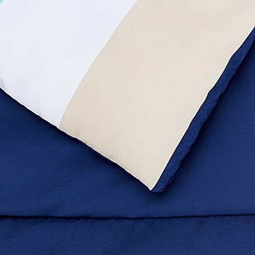 Amazon Basics Full/Queen Blue Stripe Comforter Set with Sheets - 7-Piece Bed-in-a-Bag, Microfiber Bedding