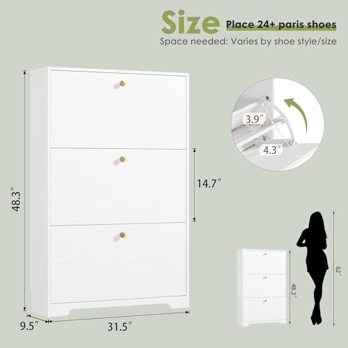 Nicetree White Shoe Cabinet with 3 Flip Drawers Narrow Shoe Organizer Modern Storage