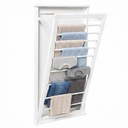 Wall-Mount Wooden Clothes Drying Rack – Supports 30 lb, White, Space-Saving