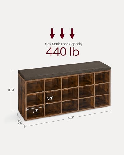 VASAGLE Rustic Brown & Chestnut Shoe Bench with 15 Cubbies & Removable Cushion