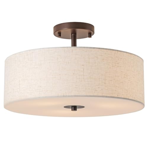 Bargeni Oil-Rubbed Bronze 16-inch Linen Drum Semi-Flush Ceiling Light Fixture