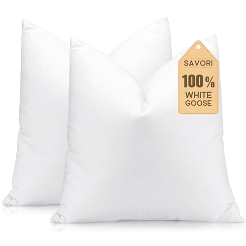 24x24 Inch Down and Feather Pillow Inserts - White Fluffy Cushion Set with Cotton Cover