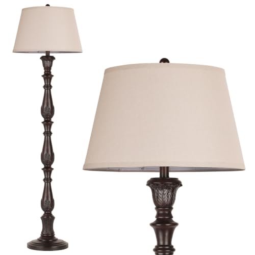 Dark Brown Vintage Floor Lamp with Linen Shade - Antique Tall Standing Lamp for Living Room & Bedroom