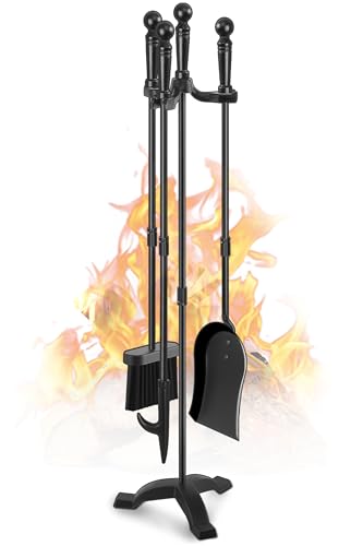 Gtongoko Fireplace Tools Set with Stand - 30 Inch Black Heavy Duty Steel