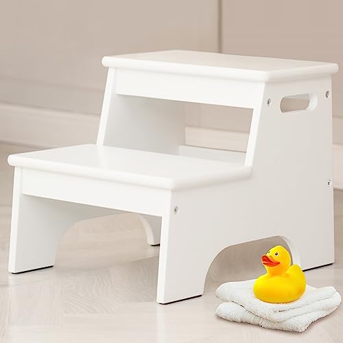 Kids Wooden Step Stool for Bathroom Sink – White Toddler Two-Step Platform with Non-Slip Mats (Variation: White)