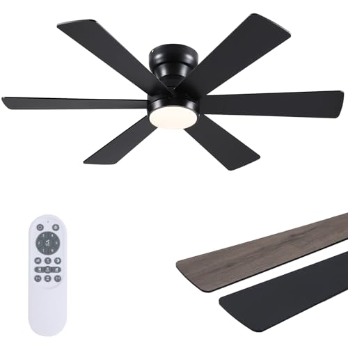 Asyko 46-Inch Black 6-Blade Modern Ceiling Fan with Light & Remote - Reversible Motor