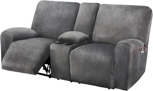 ULTICOR Dark Grey Velvet Reclining Loveseat Cover with Middle Console, 8-Piece Sofa Slipcover, Washable & Soft
