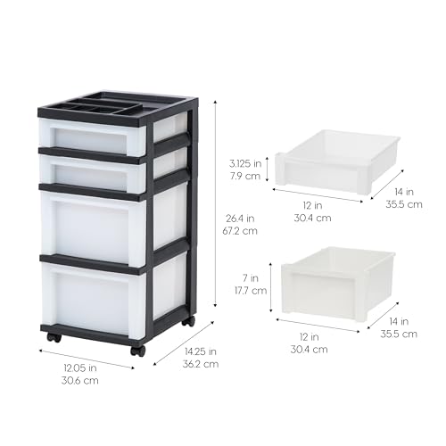 4-Drawer Rolling Storage Cart with Organizer Top - Black Pearl